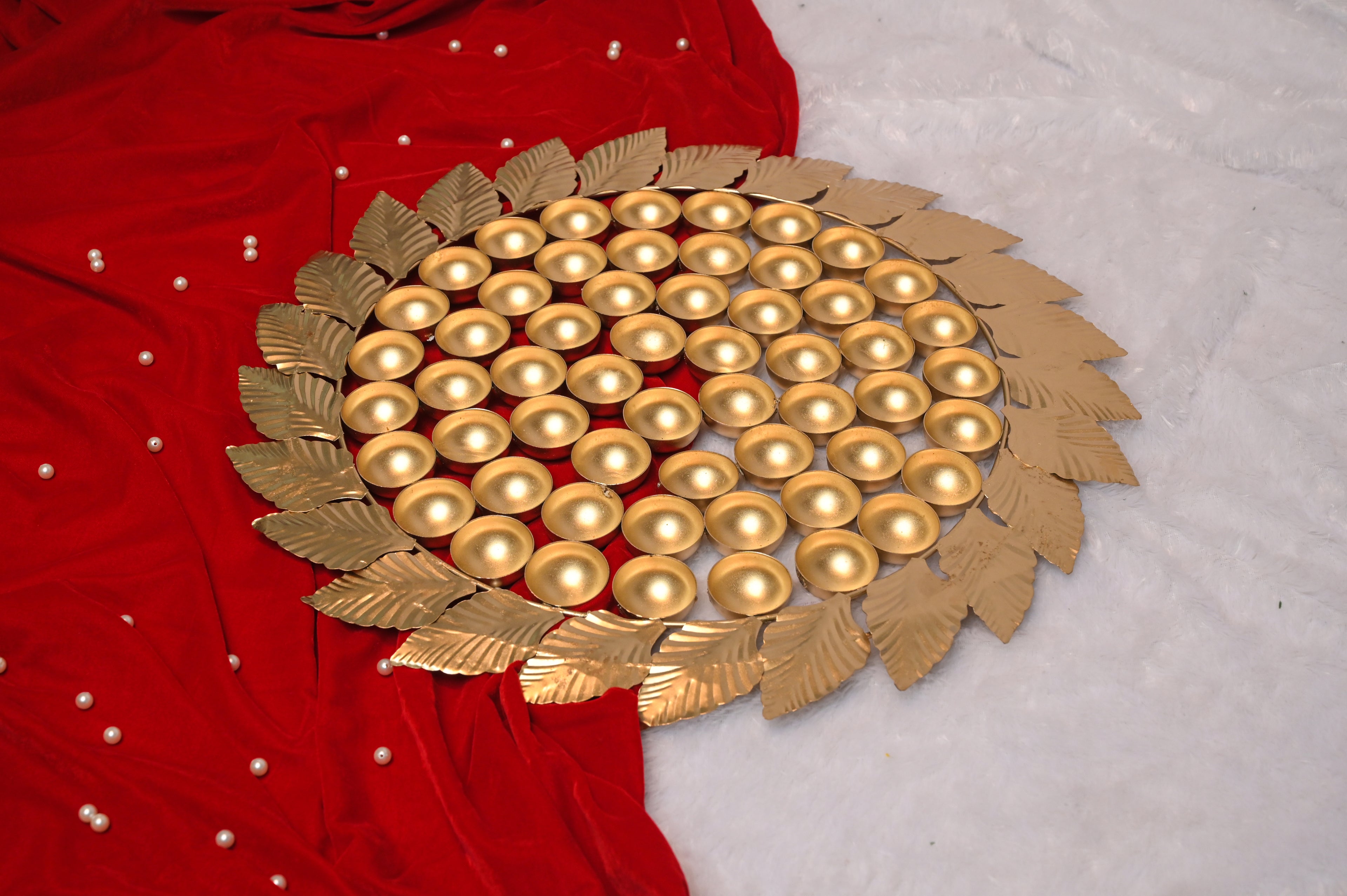 Golden Leaf Diya Platter